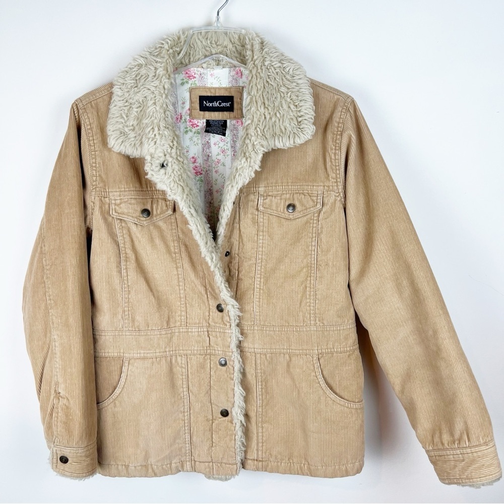Vintage Y2K Northcrest Corduroy Pennylane Coat Tan Sherpa Boho Hippie Small